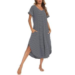 AVIIER Cotton Nightgowns for Women Sleeveless House Dress Ladies Long Nightdress with Pockets S-XXL(Navy Blue While)