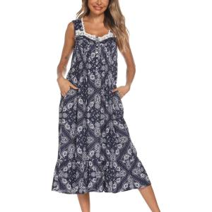 AVIIER Cotton Nightgowns for Women Sleeveless House Dress Ladies Long Nightdress with Pockets S-XXL(Navy Flower)