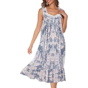 AVIIER Cotton Nightgowns for Women Sleeveless House Dress Ladies Long Nightdress with Pockets S-XXL(Navy Tie Dye)