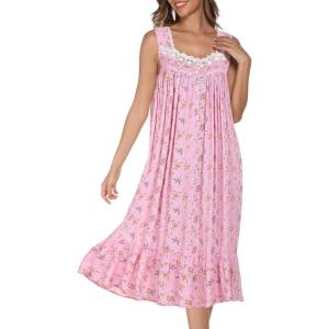AVIIER Cotton Nightgowns for Women Sleeveless House Dress Ladies Long Nightdress with Pockets S-XXL(Pink Flower 2)