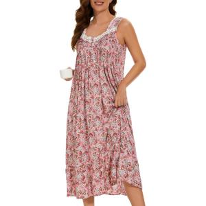 AVIIER Cotton Nightgowns for Women Sleeveless House Dress Ladies Long Nightdress with Pockets S-XXL(Pink Rose)