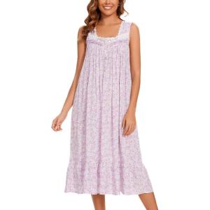 AVIIER Cotton Nightgowns for Women Sleeveless House Dress Ladies Long Nightdress with Pockets S-XXL(Purple Flower)