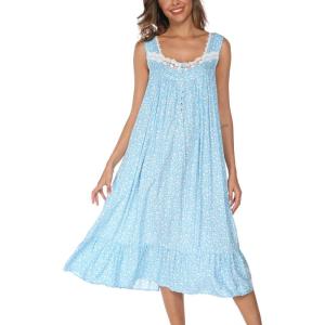 AVIIER Cotton Nightgowns for Women Sleeveless House Dress Ladies Long Nightdress with Pockets S-XXL(Sky Blue Flower)