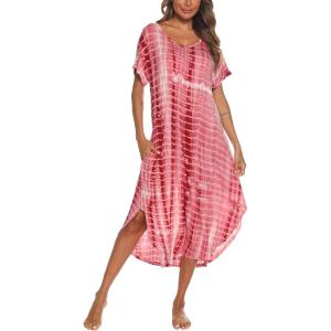 AVIIER Cotton Nightgowns for Women Sleeveless House Dress Ladies Long Nightdress with Pockets S-XXL(Tie Dye-red)