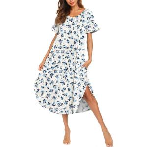AVIIER Cotton Nightgowns for Women Sleeveless House Dress Ladies Long Nightdress with Pockets S-XXL(White Flower 2)
