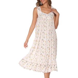 AVIIER Cotton Nightgowns for Women Sleeveless House Dress Ladies Long Nightdress with Pockets S-XXL(White Flowers)