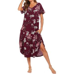 AVIIER Cotton Nightgowns for Women Sleeveless House Dress Ladies Long Nightdress with Pockets S-XXL(Wine Red)