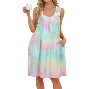 AVIIER Cotton Nightgowns for Women Sleeveless Night Gown with Pockets(Macaron)