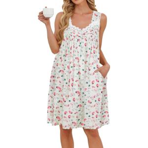 AVIIER Cotton Nightgowns for Women Sleeveless Night Gown with Pockets(Strawberry)