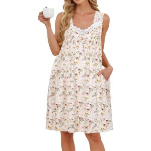 AVIIER Cotton Nightgowns for Women Sleeveless Night Gown with Pockets(White Flower)
