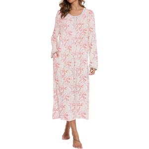 AVIIER Cotton Nightgowns for Women Soft Long Sleeve Night Gown with Pockets(Pink Floral)