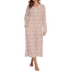 AVIIER Cotton Nightgowns for Women Soft Long Sleeve Night Gown with Pockets(Pink Flower)
