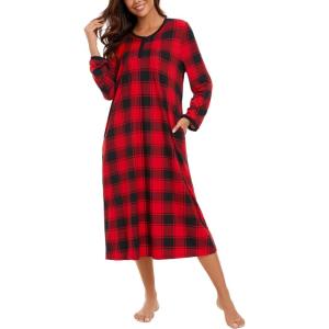 AVIIER Cotton Nightgowns for Women Soft Long Sleeve Night Gown with Pockets(Red Pattern)