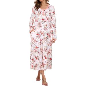 AVIIER Cotton Nightgowns for Women Soft Long Sleeve Night Gown with Pockets(White Flower)