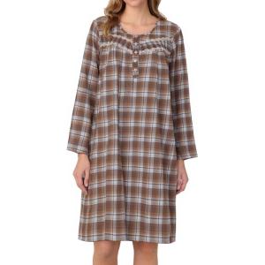 AVIIER Long Sleeve Nightgowns for Women Soft Cotton Night Gwon with Pockets(Brown Blue Pattern)