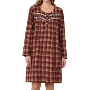 AVIIER Long Sleeve Nightgowns for Women Soft Cotton Night Gwon with Pockets(Brown Red Pattern)