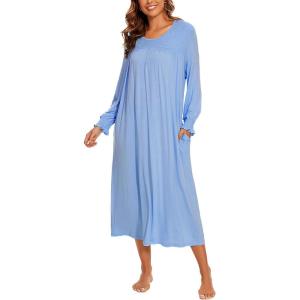 AVIIER Long Sleeve Nightgowns for Women Soft Cotton Victorian Night Gowns Ladies Sleepwear with Pockets(Light Blue)