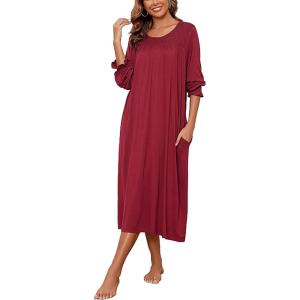 AVIIER Long Sleeve Nightgowns for Women Soft Cotton Victorian Night Gowns Ladies Sleepwear with Pockets(Wine Red)