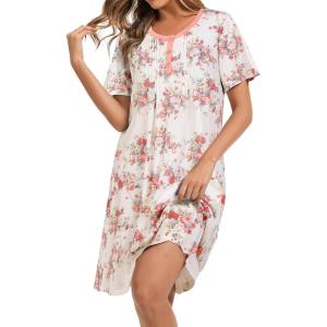 AVIIER Nightgowns for Women Soft Cotton Night Gowns Short Sleeve Sleepwear Comfy Night Shirts(White Flower)