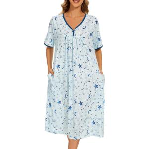 AVIIER Nightgows for Women Soft Cotton Night Shirts Short Sleeve Sleepwear with Pockets(Blue Star)