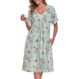 AVIIER Nightgows for Women Soft Cotton Night Shirts Short Sleeve Sleepwear with Pockets(Green Flower 2)