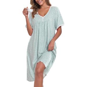 AVIIER Nightgows for Women Soft Cotton Night Shirts Short Sleeve Sleepwear with Pockets(Green Leopard)
