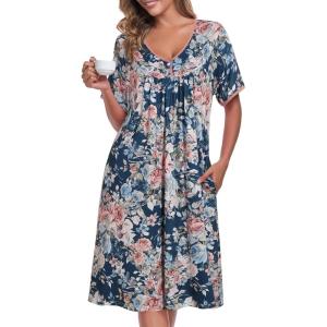 AVIIER Nightgows for Women Soft Cotton Night Shirts Short Sleeve Sleepwear with Pockets(Navy Flower)