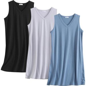 PNAEONG 3 Pack Womens Cotton Nightgown V Neck Nightshirts Sleeveless Sleepwear Casual Print Sleepdress(C Black+c Coffee+c Good Night)
