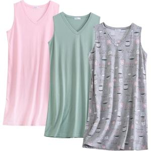 PNAEONG 3 Pack Womens Cotton Nightgown V Neck Nightshirts Sleeveless Sleepwear Casual Print Sleepdress(Coffee+dark Green+c Pink)