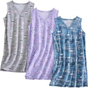 PNAEONG 3 Pack Womens Cotton Nightgown V Neck Nightshirts Sleeveless Sleepwear Casual Print Sleepdress(Coffee+good Night+purple)