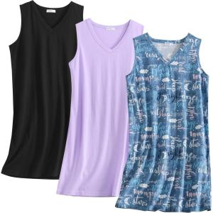 PNAEONG 3 Pack Womens Cotton Nightgown V Neck Nightshirts Sleeveless Sleepwear Casual Print Sleepdress(Good Night+c Black+c Purple)