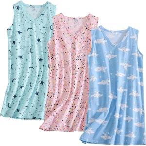 PNAEONG 3 Pack Womens Cotton Nightgown V Neck Nightshirts Sleeveless Sleepwear Casual Print Sleepdress(Moon+star+pink)