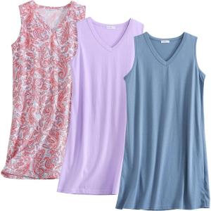 PNAEONG 3 Pack Womens Cotton Nightgown V Neck Nightshirts Sleeveless Sleepwear Casual Print Sleepdress(Pink Paisley+c Purple+c Good Night)