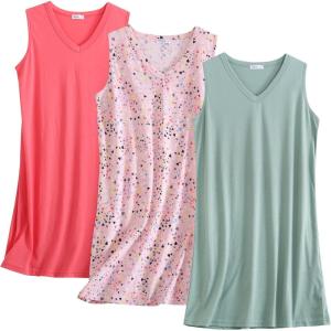 PNAEONG 3 Pack Womens Cotton Nightgown V Neck Nightshirts Sleeveless Sleepwear Casual Print Sleepdress(Pink+dark Green+c Paisley)