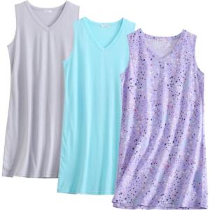 PNAEONG 3 Pack Womens Cotton Nightgown V Neck Nightshirts Sleeveless Sleepwear Casual Print Sleepdress(Purple+c Dragonfly+c Coffee)