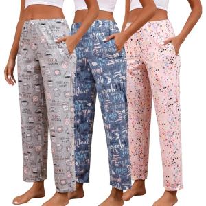 PNAEONG Pajama Pants Women 3 Pack Soft Cotton Lounge Pants Comfy Casual Pajama Bottoms with Elastic Waistband & Pockets(Set 4)