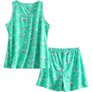 PNAEONG Women Cotton Sleepwear Short Sets Tank&Short Pajamas Sets XTSY208(Green Flamingo)