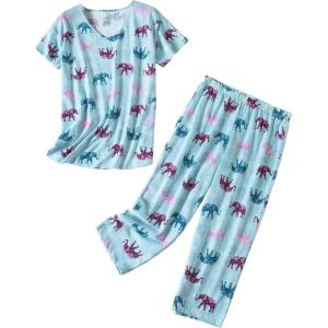 PNAEONG Women Pajama Set Sleepwear Tops with Capri Pants Casual and Fun Prints Pajama Sets(Blue Elephant)