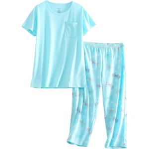 PNAEONG Women Pajama Set Sleepwear Tops with Capri Pants Casual and Fun Prints Pajama Sets(C Dragonfly)