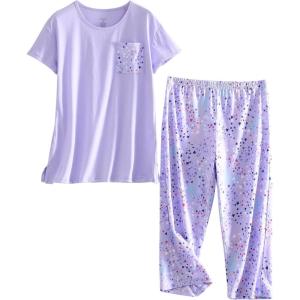 PNAEONG Women Pajama Set Sleepwear Tops with Capri Pants Casual and Fun Prints Pajama Sets(C Purple)