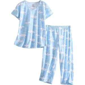 PNAEONG Women Pajama Set Sleepwear Tops with Capri Pants Casual and Fun Prints Pajama Sets(Cloud Moon)