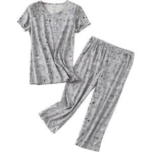 PNAEONG Women Pajama Set Sleepwear Tops with Capri Pants Casual and Fun Prints Pajama Sets(Gray Cats)