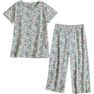 PNAEONG Women Pajama Set Sleepwear Tops with Capri Pants Casual and Fun Prints Pajama Sets(Green Vintage Flower)
