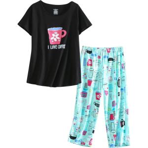 PNAEONG Women Pajama Set Sleepwear Tops with Capri Pants Casual and Fun Prints Pajama Sets(I Love Coffee)
