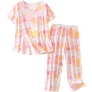 PNAEONG Women Pajama Set Sleepwear Tops with Capri Pants Casual and Fun Prints Pajama Sets(Orange)