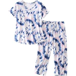 PNAEONG Women Pajama Set Sleepwear Tops with Capri Pants Casual and Fun Prints Pajama Sets(Pink Blue)