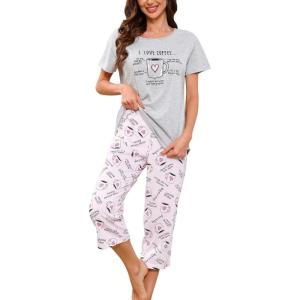 PNAEONG Women Pajama Set Sleepwear Tops with Capri Pants Casual and Fun Prints Pajama Sets(Pink Cup)
