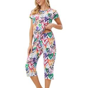 PNAEONG Women Pajama Set Sleepwear Tops with Capri Pants Casual and Fun Prints Pajama Sets(Pink Love)