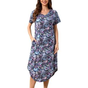 PNAEONG Women Short Sleeve Long Nightgown Soft Cotton Sleepwear Nightshirts Loungewear with Pockets(Blue Paisley)