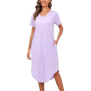 PNAEONG Women Short Sleeve Long Nightgown Soft Cotton Sleepwear Nightshirts Loungewear with Pockets(C Purple)